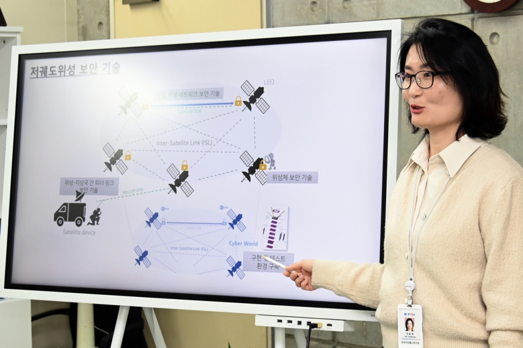 이윤경 ETRI 국방사이버전기술연구센터장이 저궤도위성보안기술에 대해 설명하고 있다. /사진=ETRI