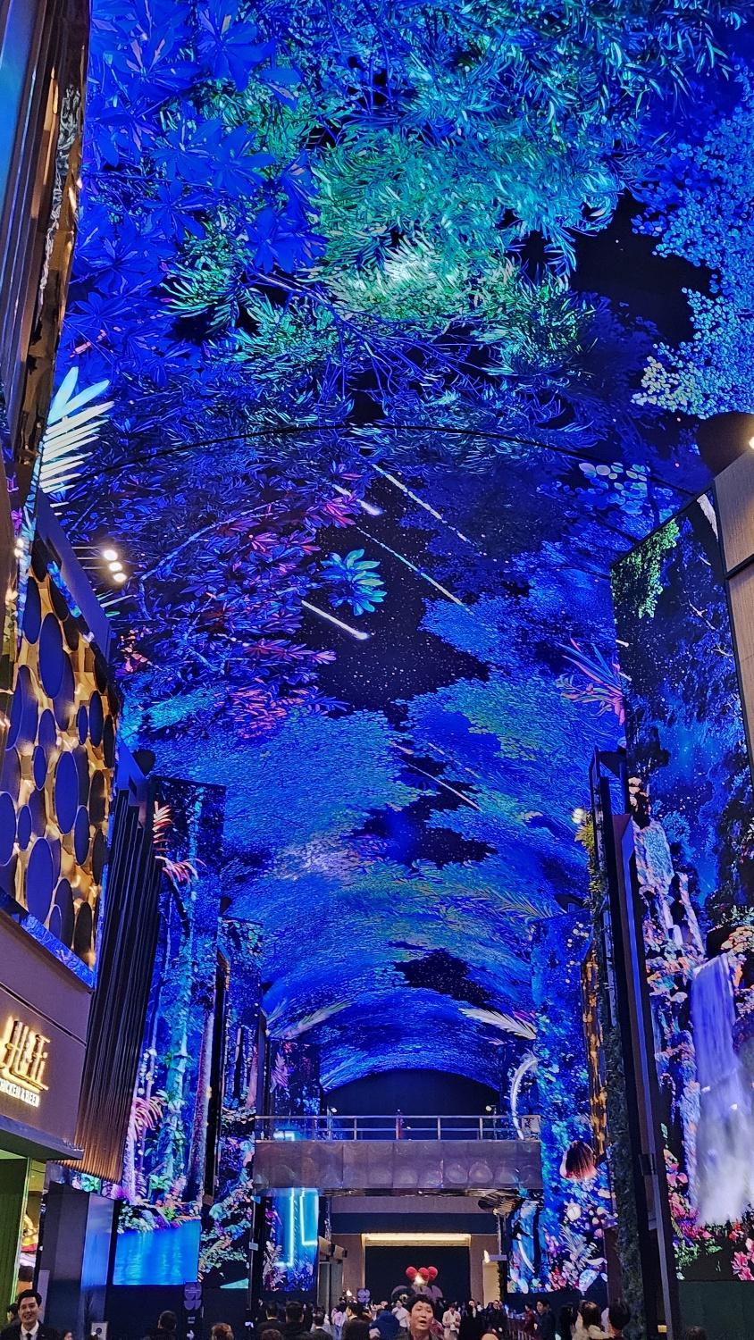 모히건 인스파이어 엔터테인먼트 리조트의 150미터 길이의 디지털 엔터테인먼트 거리인 '오로라'. 평상시엔 숲과 바다만 나오는데 매 정각에는 대형 고래가 헤엄치는 모습을 보여준다/사진=김온유 기자