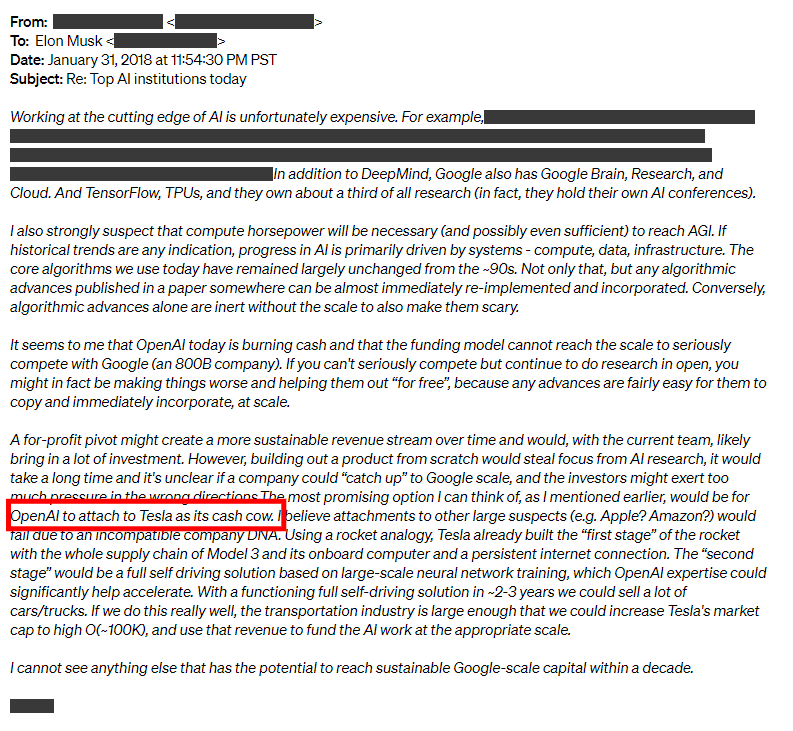 인공지능(AI) 개발업체 오픈AI가 일론 머스크 테슬라 최고경영자(CEO)의 비영리 계약 위반 소송 제기에 공동 창립자들이 머스크 CEO와 주고 받았던 이메일을 5일(현지시간) 공개하며 이를 정면 반박했다.  사진은 오픈AI가 공개한 이메일 /사진=오픈AI 블로그