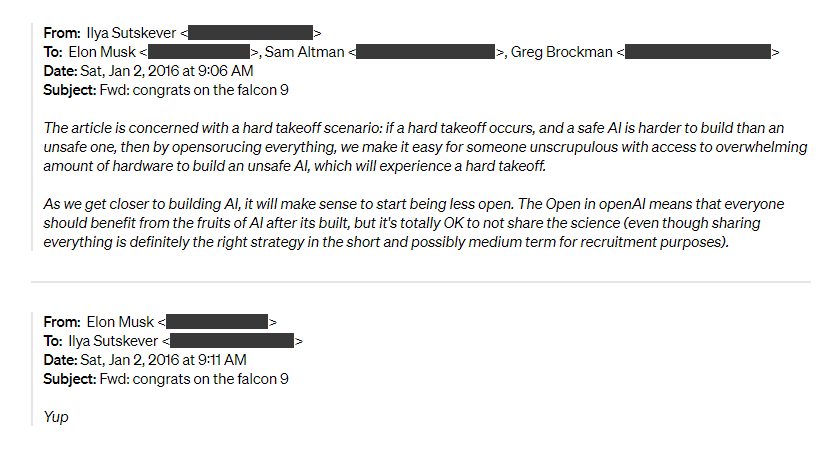 인공지능(AI) 개발업체 오픈AI가 일론 머스크 테슬라 최고경영자(CEO)의 비영리 계약 위반 소송 제기에 공동 창립자들이 머스크 CEO와 주고 받았던 이메일을 5일(현지시간) 공개하며 이를 정면 반박했다.  사진은 오픈AI가 공개한 이메일/사진=오픈AI 블로그