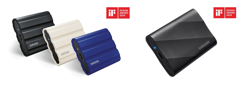 독일 국제 디자인 공모전 'iF 디자인 어워드'에서 제품과 컴퓨터 부문 상을 받은  삼성전자의 포터블(휴대용) SSD T9와 T7 쉴드(Shield). / 사진 = 삼성전자 제공