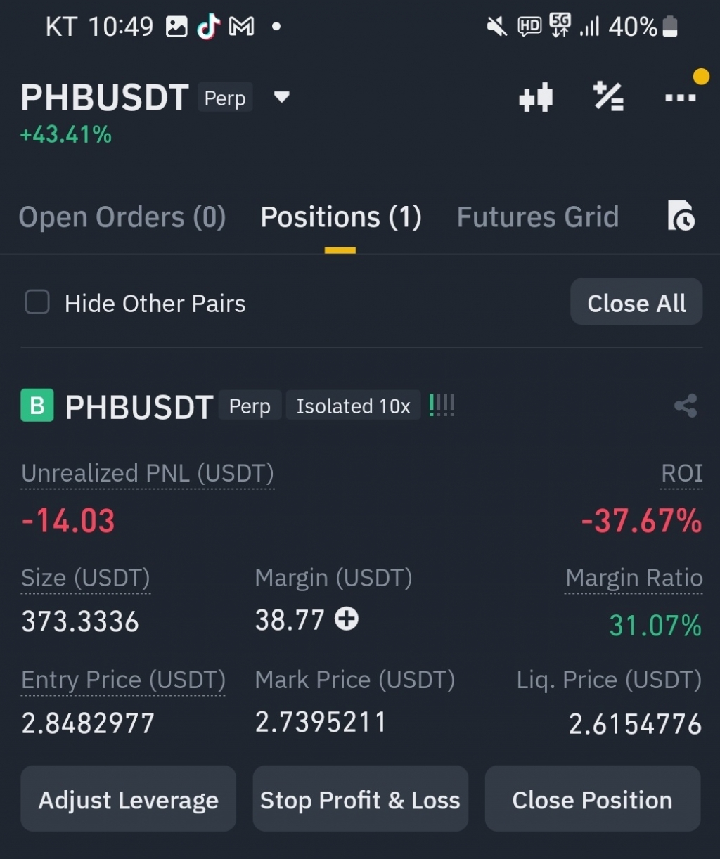 기자가 7일 밤 10시30분 바이낸스 코인 선물시장에서 증거금(margin) 38USDT(1USDT=1달러)를 걸고 10배 레버리지로 피닉스 코인에 롱(매수) 포지션을 취하는 소액 선물 투자 실험을 한 결과 투자 시작 직후 수익률이 -40% 가까이 표시됐다.  
