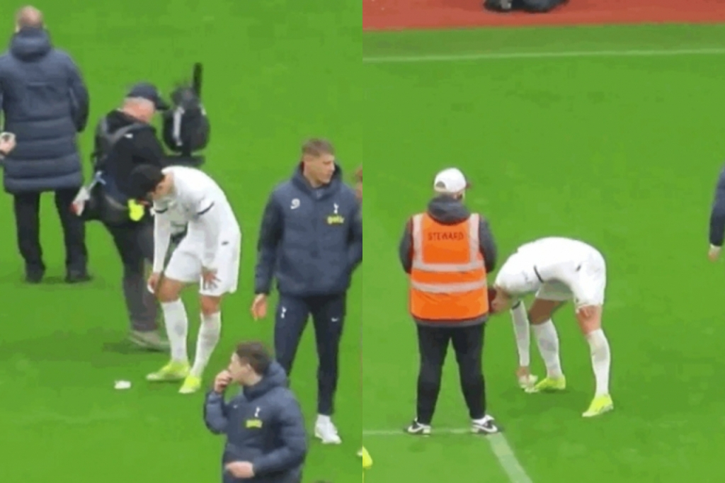 지난 10일(한국 시간) 애스턴 빌라와 원정 경기에서 경기를 마친 후 쓰레기를 줍는 손흥민의 모습 /사진=SNS(소셜네트워크서비스) 캡처