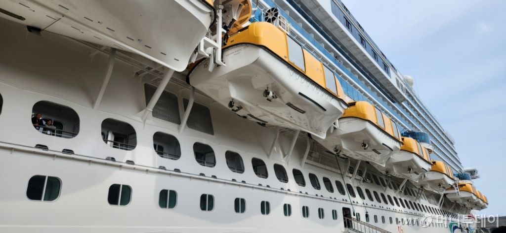 지난 14일 중국에서 제주도로 온 크루즈 선박이 질병청의 하선 명령을 기다리고 있다./사진= 박미주 기자