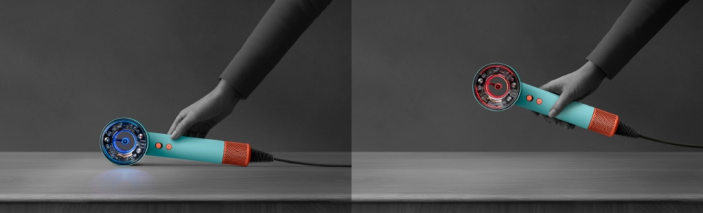  드라이어를 잠시 내려놓았을 땐 거의 꺼지다시피 바람과 온도가 내려갔다가, 들어올리면 다시 돌아오는 '일시 정지 감지 기능'/사진제공=다이슨