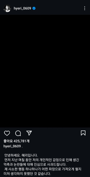 가수 혜리가 사과문을 게재했다. /사진=혜리 공식 인스타그램 캡처