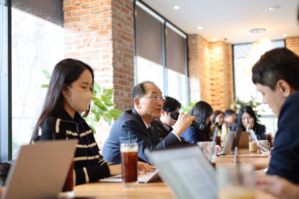 20일 진행된 GTX-A 수서~동탄 구간 사업설명회에 참석한 이성해 국가철도공단 이사장이 기자간담회에서 발언하고 있다./사진제공=국가철도공단