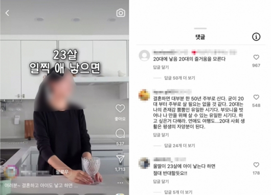 '20대에 출산하면 좋다'는 주장을 담은 영상에 악플이 쏟아졌다. /사진=온라인 커뮤니티