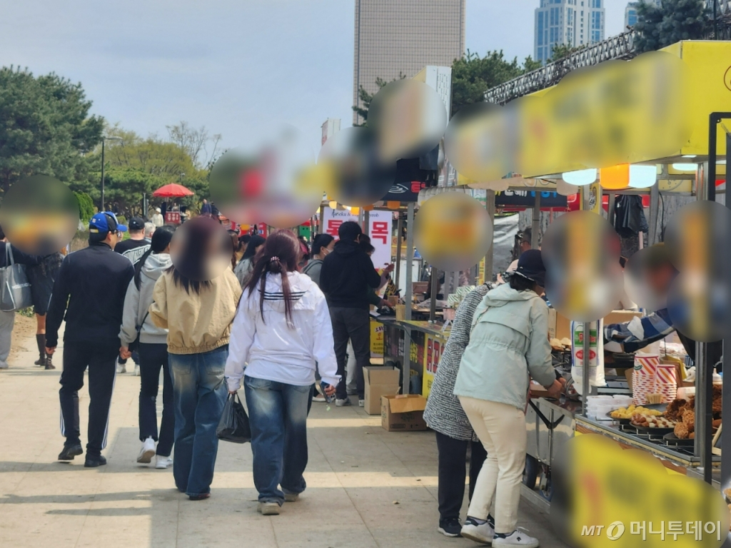 4일 오후 1시쯤 서울 영등포구 여의도 한강공원 둔치에 불법 노점상들이 설치돼 있다. 돗자리 대여를 해주는 곳부터 새우튀김, 통삼겹 바비큐, 탕후루 등 음식을 파는 노점상까지 다양했다./사진=최지은 기자