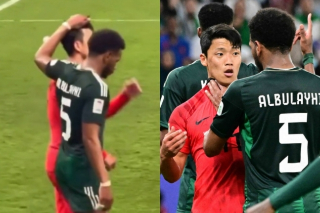 (왼쪽부터) 사우디아라비아 수비수 알리 알 불라히에게 머리채를 잡힌 손흥민, 황희찬의 멱살을 잡은 알리 알 불라히 /사진=X(엑스, 구 트위터) 캡처, OSEN