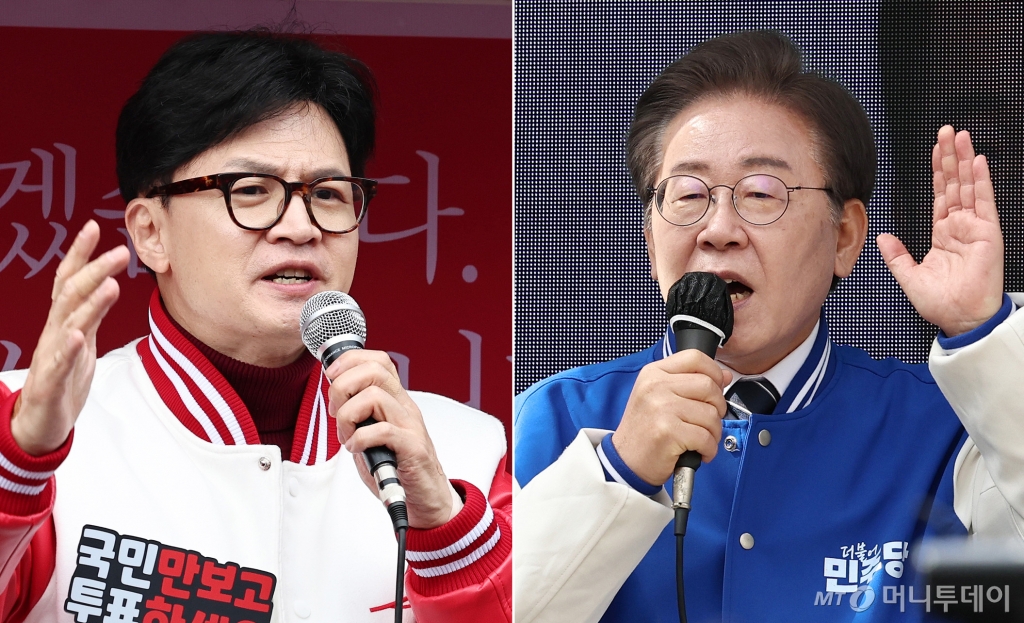 (서울=뉴스1) 구윤성 기자 = 이재명 더불어민주당 대표(오른쪽)와 한동훈 국민의힘 비상대책위원장이 30일 각각 서울과 인천에서 주말 지원유세를 하고 있다. 2024.3.30/뉴스1 Copyright © 뉴스1. All rights reserved. 무단 전재 및 재배포, AI학습 이용 금지. /사진=(서울=뉴스1) 구윤성 기자