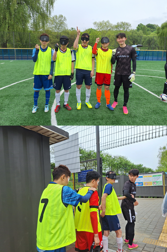 프라미스랜드 축구단 모습. 이들은 서로의 어깨를 잡고 함께 이동한다. /사진=김지은 기자