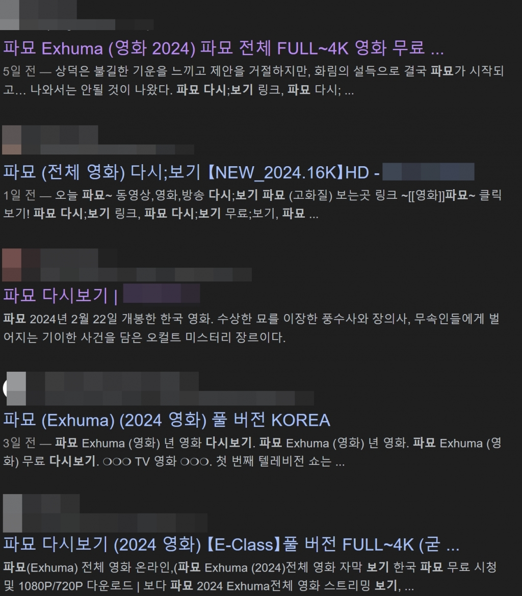 구글에서 '파묘 다시보기'를 검색하면 나오는 영화 불법유통 사이트 목록. /사진=구글 캡처