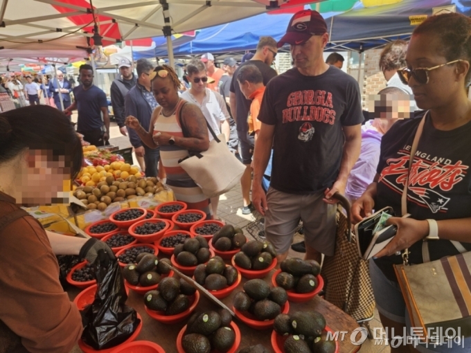 지난 28일 경기 평택시 안정리 캠프 험프리스 인근에 열린 오일장에서 아보카도를 사고 있는 미군가족. /사진=정세진 기자 