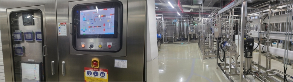 센터는 한약재를 세척하거나 조제하는 과정에 사용되는 모든 물을 건물 지하의 대규모 수처리시설에서 24시간 관리한다. 모니터링(사진 왼쪽)과 정수 시설./사진=박정렬 기자