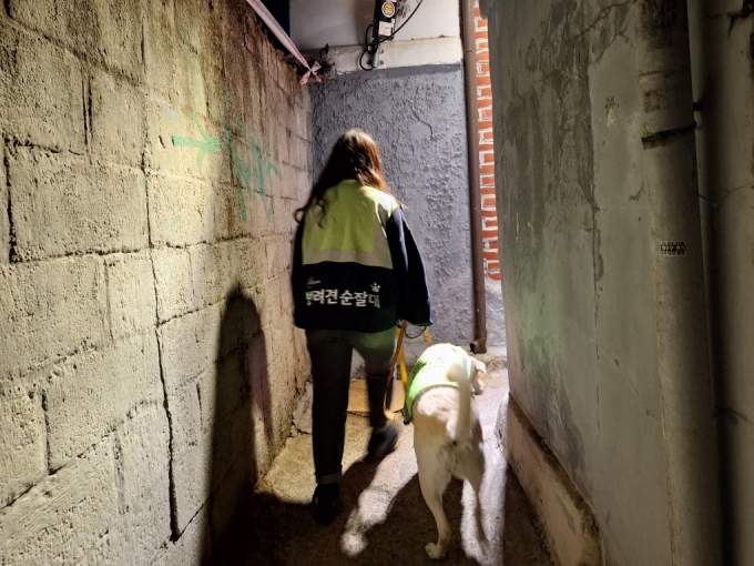 서울 반려견 순찰대 복실 대원과 보호자 대원이 여성 귀갓길을 동행하러 길을 나서고 있다./사진=복실 대원 보호자님 