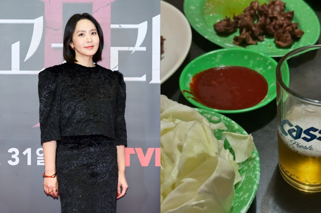 (왼쪽부터) 방송인 박지윤이 2023년 12월 28일 온라인 생중계로 진행된 티빙 오리지널 '여고추리반2' 제작발표회에 참석해 포즈를 취하는 모습, 박지윤이 SNS에올린 음식과 술 사진 /사진=머니투데이 DB, 박지윤 인스타그램 캡처