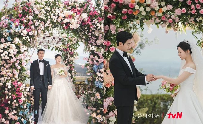 tvN 드라마 '눈물의 여왕' 속 웨딩 장면이 실제 웨딩마치를 울린 배우 현빈 손예진 부부의 결혼식장에서 촬영돼 화제가 됐다. /사진=손예진 인스타그램, tvN 