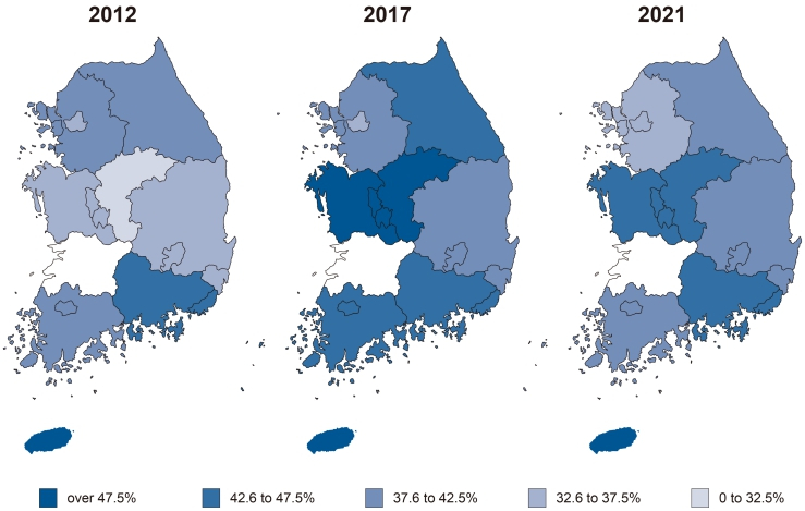 뇌졸중 환자의 지역별 4.5시간 이내 병원 도착 비율. (전북은 KSR 참여기관 없어 제외함)/자료=서울대병원