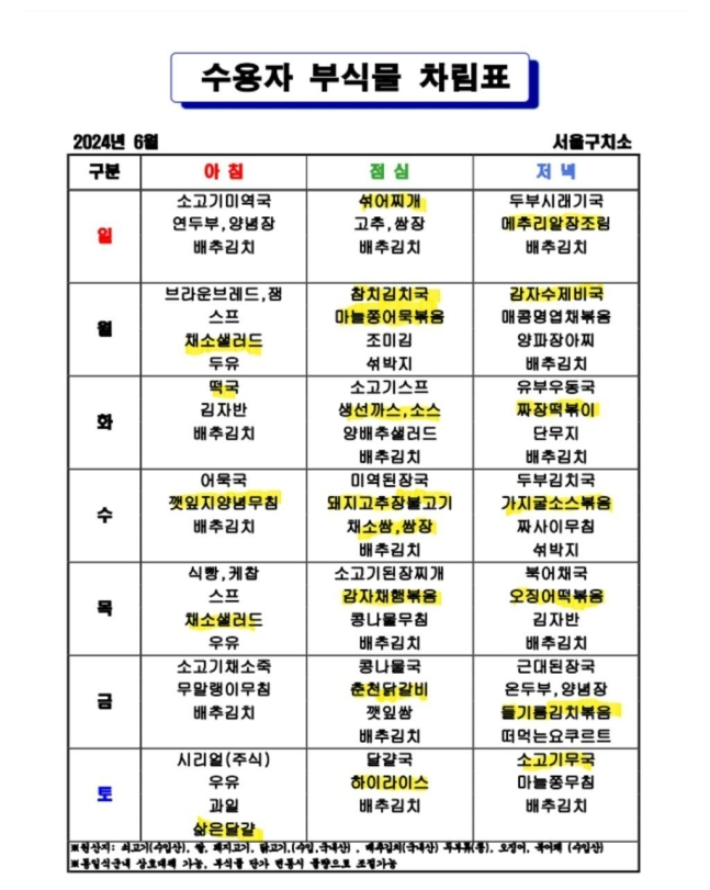 가수 김호중이 이감된 서울구치소 6월 식단. /사진=온라인 커뮤니티 캡처