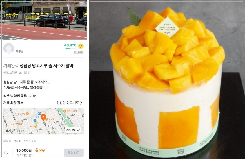 당근에 올라온 망고시루 줄서기 알바 제안글(왼쪽)과 성심당 망고시루. 사진=당근 ·성심당 인스타그램 캡처