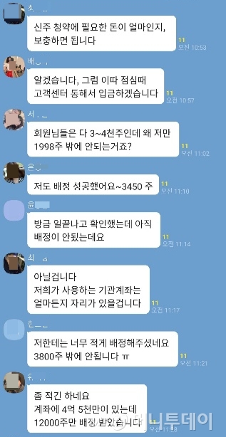 외국계 기관을 사칭한 카카오톡 단체채팅방. 일당으로 추정되는 여러 이용자가 기관투자자 계좌를 이용해 IPO한 기업의 신주 물량을 받을 수 있다고 말하며 투자자를 속이고 있다. /사진=독자제공.