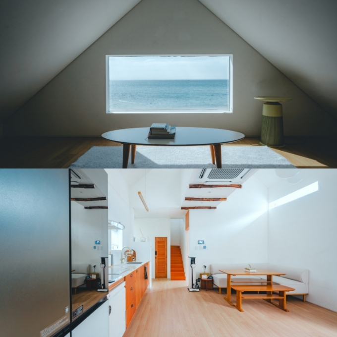 위는 월령바당집 다락 사진으로 창밖으로 제주바다를 느낄 수 있다. 아래는 월령바당집 1층 내부의 모습./사진제공=다자요