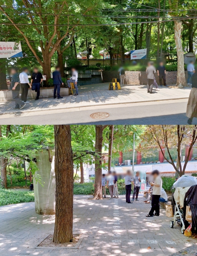 서울 종로구에 위치한 '수송공원'은 흡연구역이다. 공원 내부에 흰색으로 표시된 8x2m 구역에는 직장인 8명만 담배를 피우고 있었다. 그 외 직장인 수십명은 공원 바깥에서 담배를 피웠다. 길을 지나가던 시민들은 얼굴을 찌푸리며 코를 막거나 연기를 손으로 휘날렸다. /사진=김지은 기자