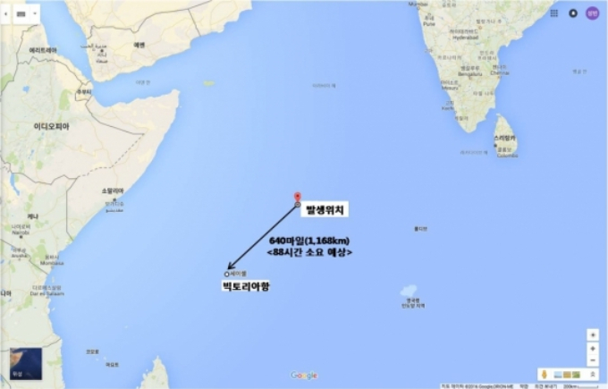 2016년 6월 20일 인도양에서 조업 중이던 한국 원양어선 광현803호에서 베트남 선원이 한국인 선장과 기관장을 살해한 사건이 발생한 가운데, 사건 다음날인 21일 부산해양경비안전서는 광현 803호가 소말리아 모가디슈 동방 930마일 해상에서 세이셀 군도 빅토리아항으로 이동 중이라고 밝혔다. /사진=뉴시스, 부산해양경비안전서 제공