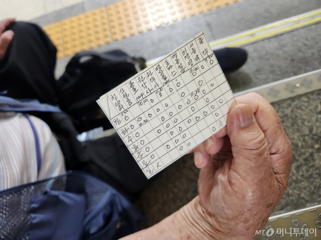 24일 서울지하철 1·3·5호선 종로3가역 내부 계단에 앉아있던 홍모씨(86)는 무료급식소가 있는 지역과 배식 시작 시간을 표로 기록한 쪽지를 기자에게 내밀었다. 그는 "아내가 요양병원에 홀로 입원해있어 여러 지역의 무료 급식소를 다니며 끼니를 챙겨 먹는다"며 "생각보다 노인들이 갈 곳이 없다. 공원은 너무 더워 넓고 계단도 있는 지하철역을 자주 찾는다"고 밝혔다./사진=최지은 기자