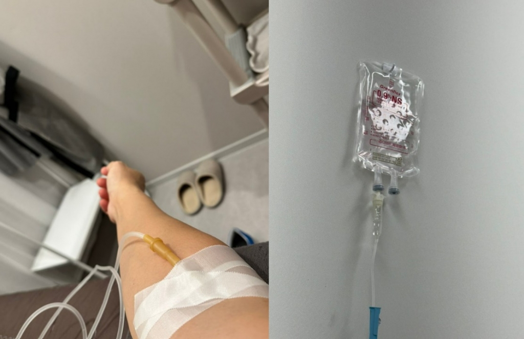 A씨가 한국에 돌아와 병원에서 치료 받는 모습. 상태가 심각해 링거까지 맞았다. /사진=독자제공