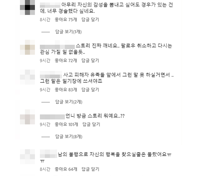 이주미 SNS 최근 게시물에 달린 댓글들. /사진=이주미 인스타그램 댓글 갈무리