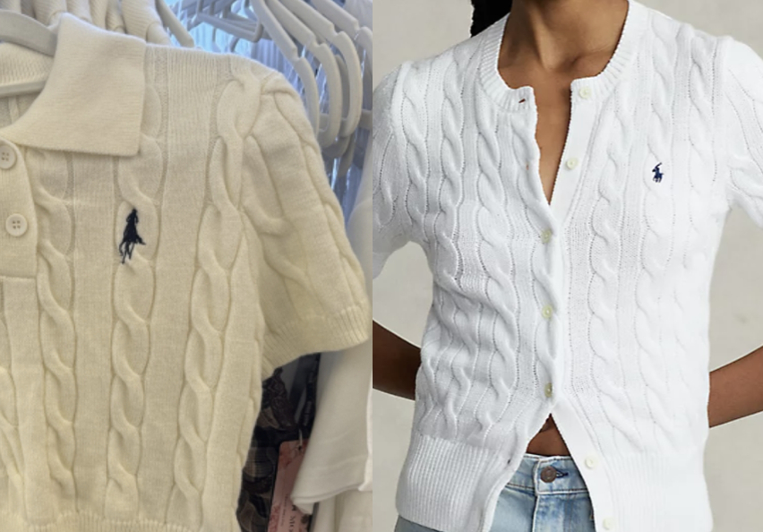 쉬인 팝업스토어에서 판매하고 있는 반팔 니트(왼쪽)과 폴로 정품 반팔 니트 가디건. /사진=하수민기자, 폴로 공식홈페이지