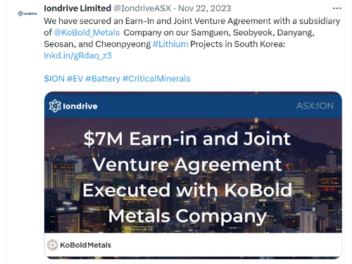 지난해 11월 코볼드메탈과 한국 리튬 광상 개발을 목표로 투자 계약을 체결했다고 밝힌 아이언드라이브 /사진=아이언드라이브 유한회사 공식 'X' 계정 갈무리