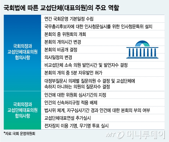 국회법에 따른 교섭단체(대표의원)의 주요 역할/그래픽=김지영
