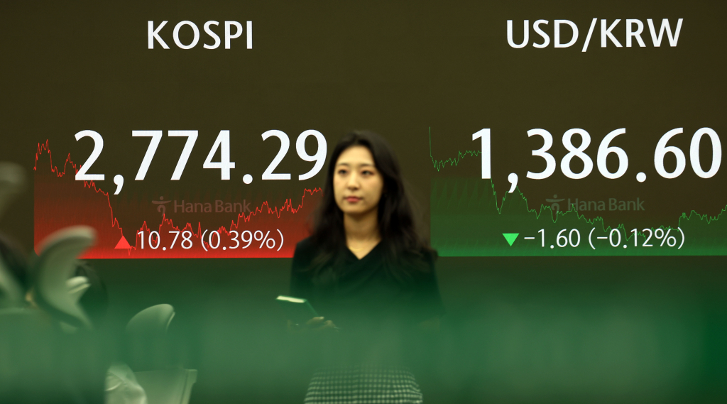 코스피가 전 거래일(2763.51)보다 10.78포인트(0.39%) 상승한 2774.29에 마감한 23일 오후 서울 중구 하나은행 딜링룸 전광판에 지수가 표시되고 있다./사진=뉴시스
