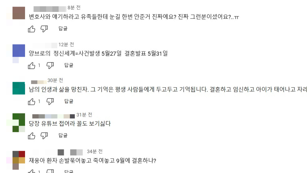 양재웅 관련 논란이 알려진 뒤 누리꾼들이 양재진·양재웅 형제의 유튜브 채널에 찾아가 비난 댓글을 남긴 모습. /사진=유튜브 채널 '양브로의 정신세계' 캡처