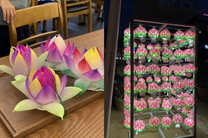 서울 종로구 수송동의 조계사를 찾은 템플스테이 참가자들이 연꽃등을 만들었다. 야간에 볼 수 있는 연꽃등 모습. /사진=김지은 기자