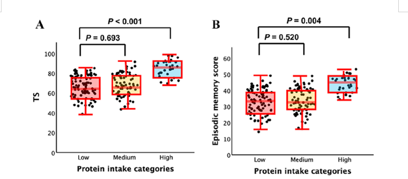 단백질 섭취에 따른 전체 인지기능(A, 사진 왼쪽)과 삽화기억(B)의 차이./사진=한림대동탄성심병원