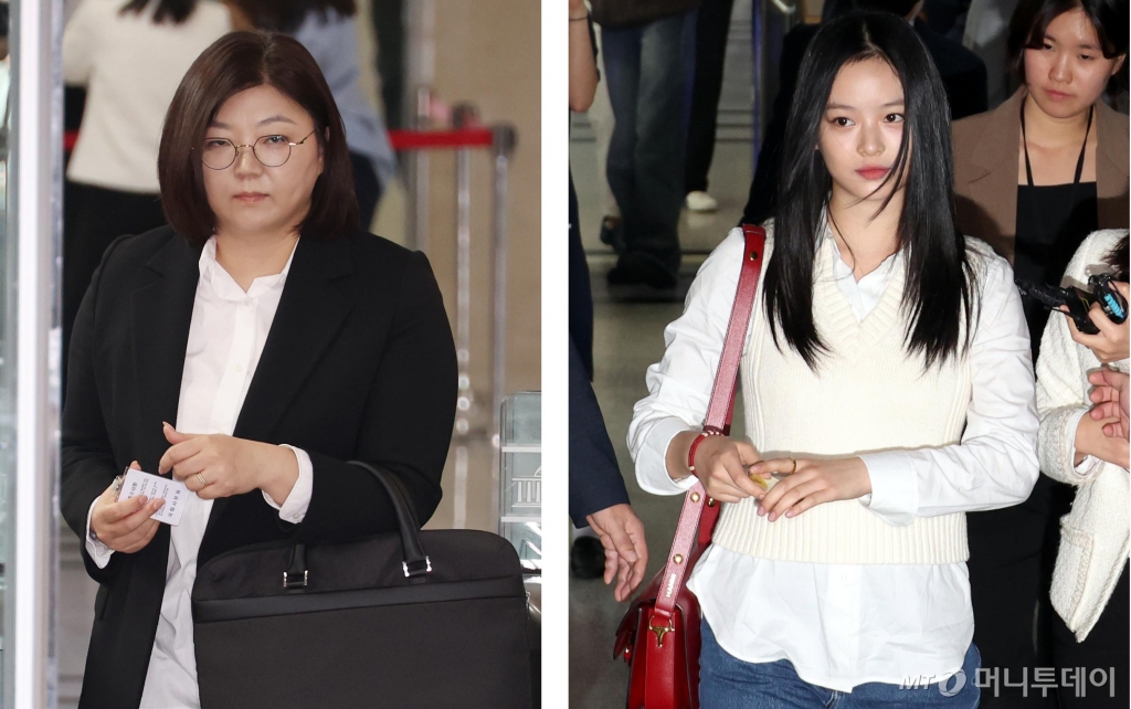 [서울=뉴시스] 고승민 기자 = 김주영(왼쪽 사진) 어도어 대표 겸 하이브 최고인사책임자와 '뉴진스' 멤버 하니가 15일 서울 여의도 국회에서 열린 환경노동위원회 국감에 참고인으로 출석하고 있다. 2024.10.15. kkssmm99@newsis.com /사진=