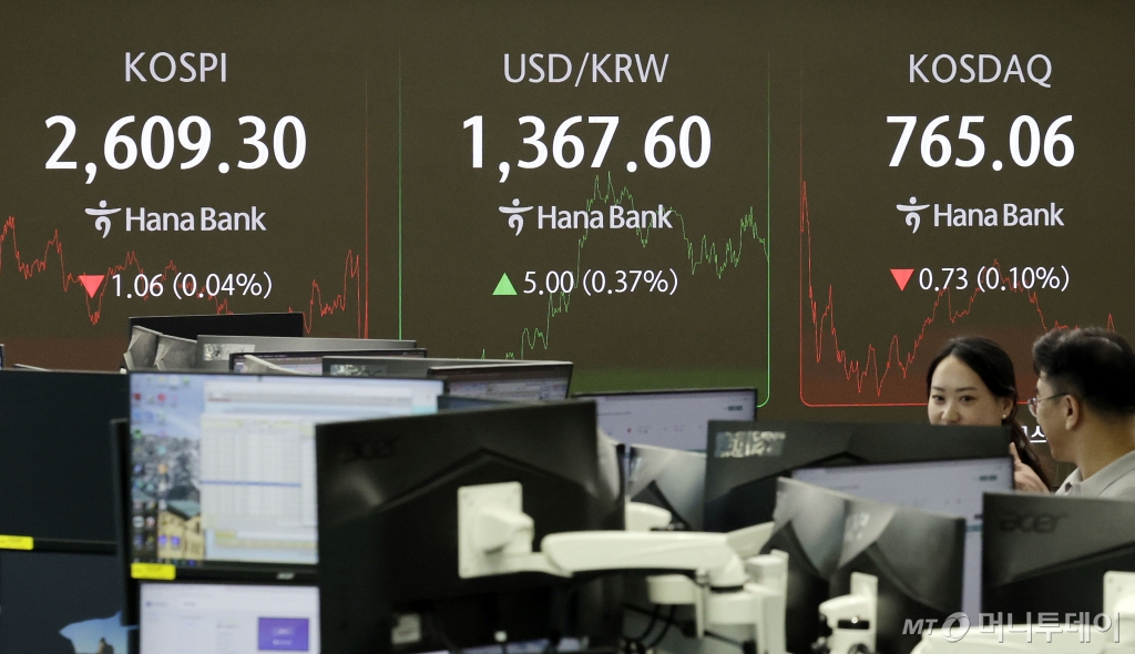  17일 서울 중구 하나은행 딜링룸에서 딜러들이 업무를 보고 있다. /사진=뉴시스