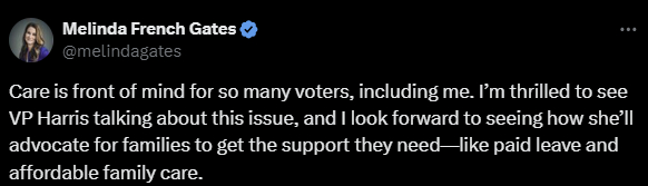빌 게이츠의 전 부인인 멀린다 프렌치 게이츠가 지난 9월 소셜미디어(SNS) X에 담긴 카멀라 해리스 미국 부통령 지지 게시물 /사진=멀린다 프렌치 게이츠의 X 계정