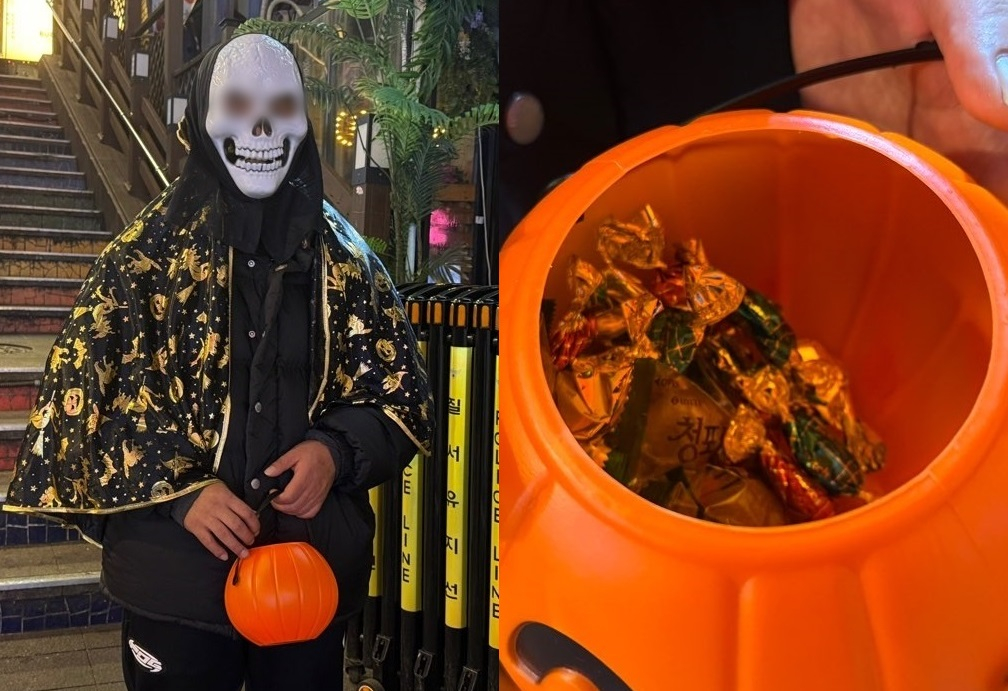 31일 핼러윈 데이를 맞아 스크림 가면과 사탕 바구니를 챙겨온 시민의 모습. /사진=김선아 기자 