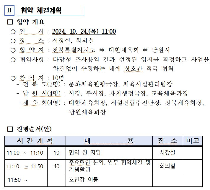 이기흥 대한체육회장이 10월 24일 국회 문체위 종합감사에 불출석한 대신, 참석했던 체육회와 남원시와의 '유소년 스포츠 콤플렉스 입지선정 관련 업무협약식' 일정표