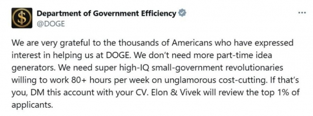 도널드 트럼프 미국 대통령 당선인이 집권 2기에 신설하는 '정부효율부'(Department of Government Efficiency·DOGE)가 소셜미디어 X에 공식계정을 만들고 구인 공고를 올렸다. /사진=X 캡처