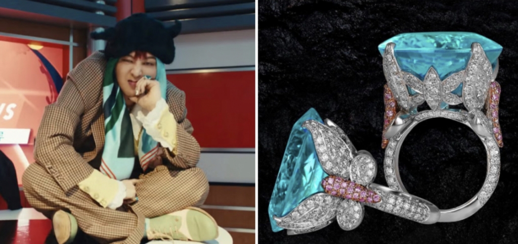 지드래곤이 '파워' 뮤직비디오(왼쪽)에서 착용한 88억원 상당의 반지/사진=더블랙레이블, 온라인 갈무리