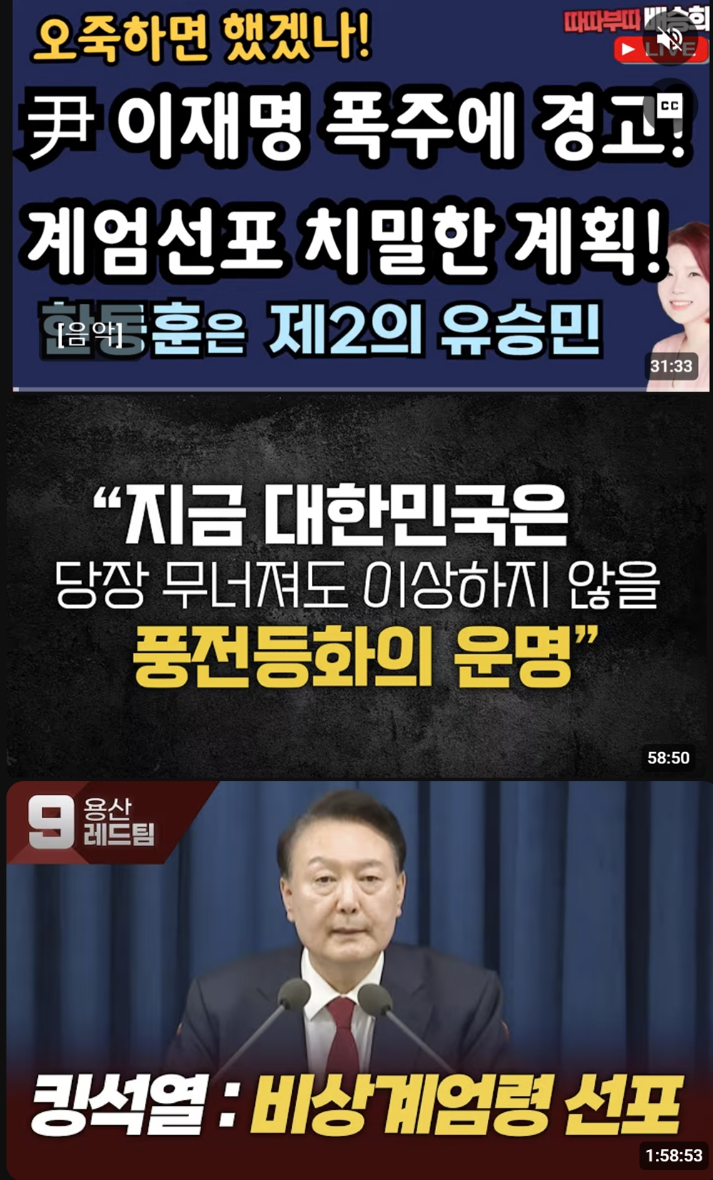 윤 대통령의 계엄 선포를 옹호하는 극우 유튜브 채널들. /사진=배승희변호사, 목격자K, 새마을방송 유튜브 캡처