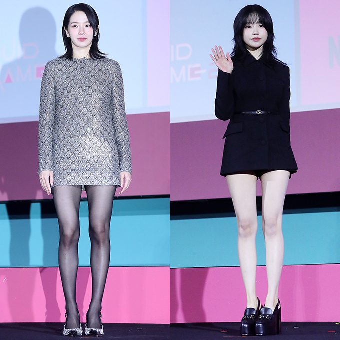 배우 박규영 조유리가 지난 9일 오전 서울 중구 동대문디자인플라자에서 진행된 넷플릭스 시리즈 '오징어 게임 시즌2' 제작발표회에 참석해 포즈를 취하고 있다./사진=김창현 기자
