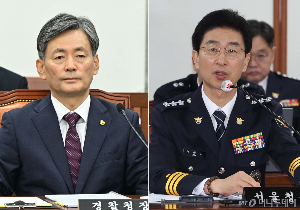 [서울=뉴시스] 경찰은 12·3 비상계엄 사태 관련 내란죄로 고발된 조지호(왼쪽) 경찰청장과 김봉식 서울경찰청장이 경찰 국가수사본부(국수본) 비상계엄 특별수사단'에 긴급 체포됐다고 11일 밝혔다.  조 청장과 김 서울청장은 지난 3일 비상계엄 사태 당시 국회의원들의 국회 출입을 통제한 혐의(내란 등)를 받는다. 조 청장의 경우 중앙선거관리위원회(선관위)에 경찰 병력을 보내 계엄군에게 협조한 의혹도 받고 있다. (사진=뉴시스 DB) 2024.12.11. photo@newsis.com /사진=류현주