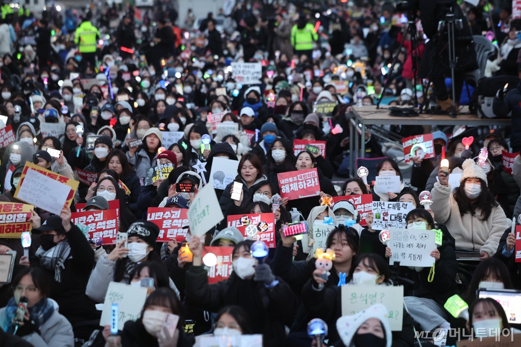 (서울=뉴스1) 김진환 기자 = 11일 오후 서울 영등포구 여의도 국회 앞에서 열리는 '윤석열 즉각 탄핵 구속 촉구 촛불문화제'를 앞두고 참가자들이 응원봉과 손팻말을 들고 있다. 2024.12.11/뉴스1 Copyright © 뉴스1. All rights reserved. 무단 전재 및 재배포, AI학습 이용 금지. /사진=(서울=뉴스1) 김진환 기자